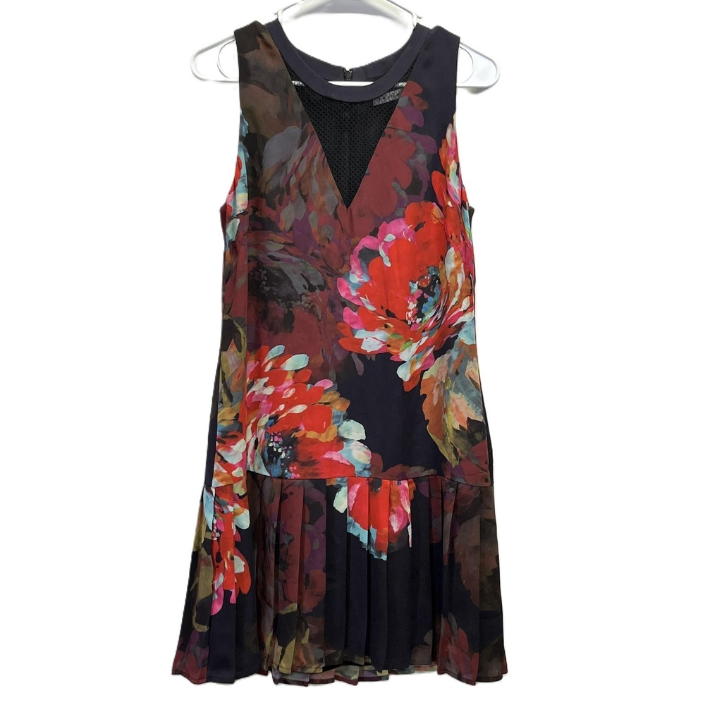 Trina Turk Multicolor Silk Womens Floral Sleeveless Mesh‎ Pleated Dress Size 4